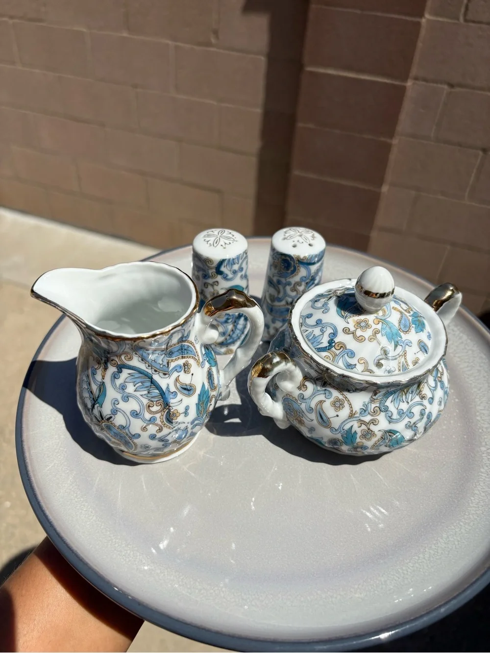 Vintage Lefton China 4-pc Set Blue Paisley Creamer & Sugar Bowl w/ Lid and S&P